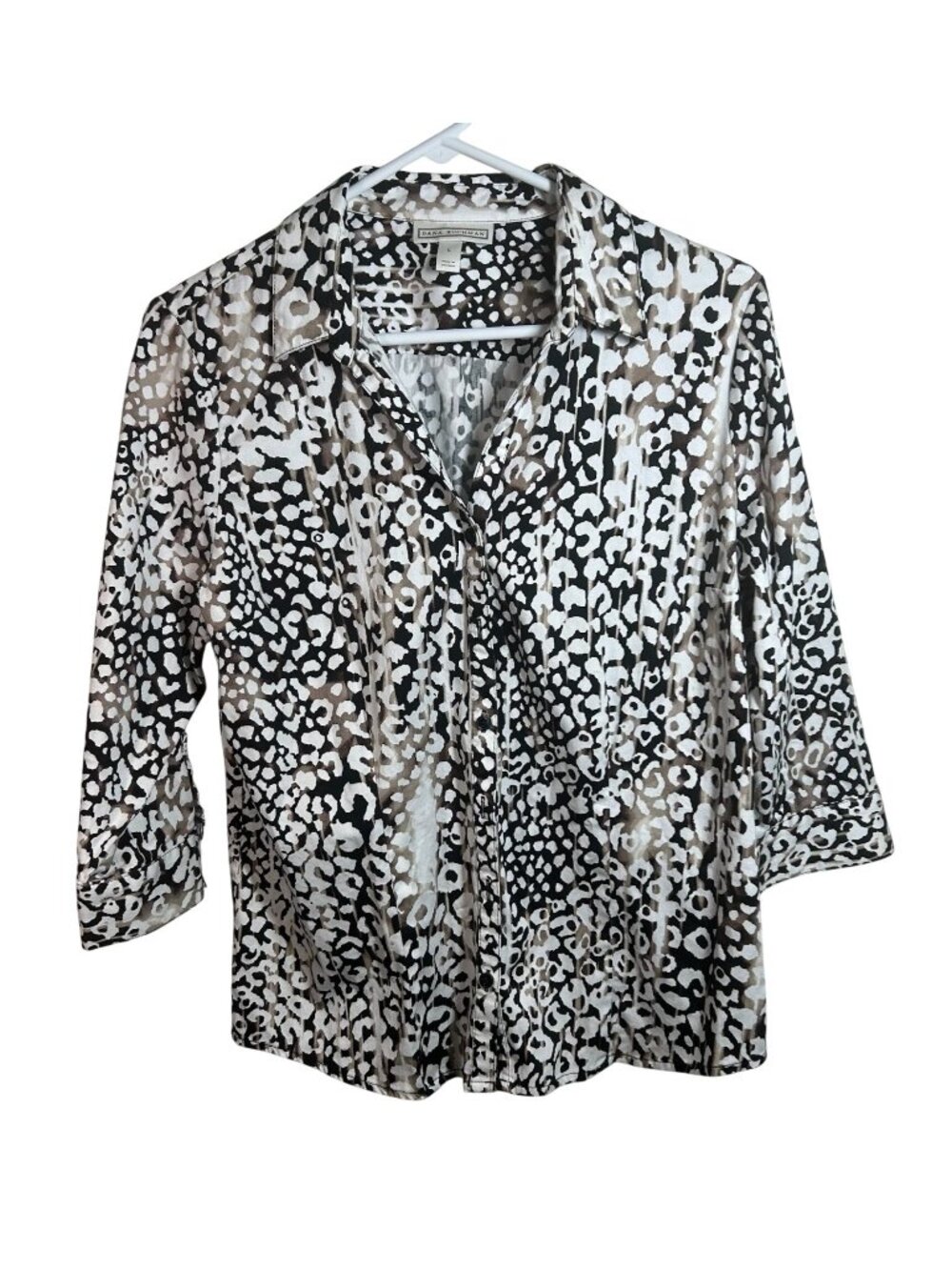 Dana Buchman Womens Leopard Print Button-Up Shirt 3/4 Sleeve Size L